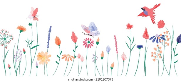 Set of botanical vector element. Collection of bird, butterfly, flowers, wildflowers in hand drawn. Watercolor floral garden illustration design for logo, wedding, invitation, decor, print.