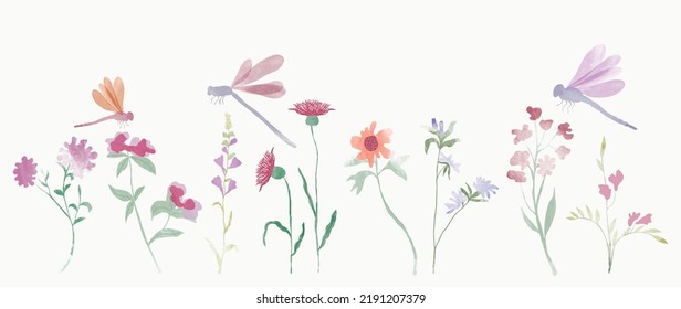 Conjunto de elementos vectoriales botánicos. Colección de libélula, flores, flores silvestres, hoja dibujada a mano. Diseño de ilustraciones de jardín floral acuático para logo, boda, invitación, decoración, impresión.