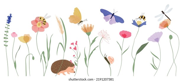 Set of botanical vector element. Collection of dragonfly, bee, butterfly, flowers, wildflowers, hedgehog. Watercolor floral garden illustration design for logo, wedding, invitation, decor, print.