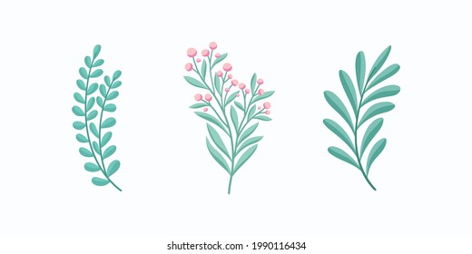 Set of botanical vector elements. Hand drawn illustration with leaves and plants.  Floral ornaments for card, logo design, print fashion.