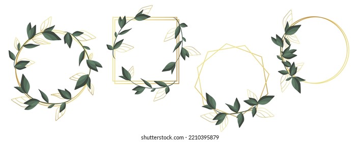 Set of botanical vector frames with gold details. Greenery wedding simple invitation template.  All elements are isolated and editable. 