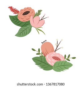 Set of botanical vector. Botanical wreath. Wildflowers and herb illustration. All elements are isolated and editable - Vector