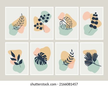 Set of botanical wall art abstract vector. Boho art print set. Gallery decor poster, pastel colors for bohemian interior
