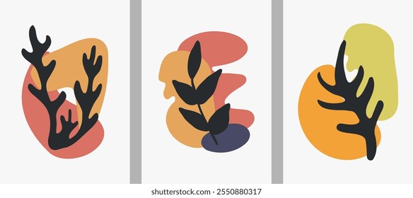 Conjunto de arte de pared botánico. planta Abstractas. Diseño de arte para cartel, impresión, cubierta. Arte minimalista de la pared. Ilustración vectorial.