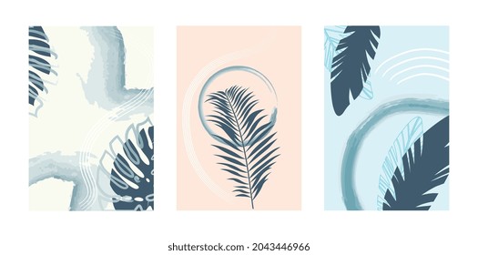 Set with botanical wall art decoration on colorful background. Boho foliage art drawing with abstract shape. Floral art design template for print, cover, wallpaper. Flat cartoon vector illustration