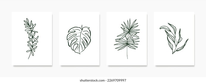 Set botanical wall art with green sketched foliage in line art drawing on a white background. The abstract plant art design is perfect for prints, covers, and wallpapers