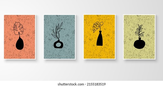 Set of botanical wall art. Minimal abstract art organic plants and pot shape composition. Vector illustration.