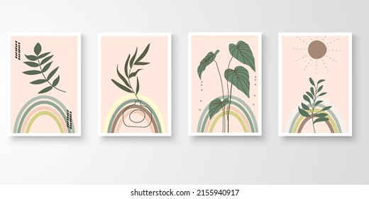 Set of botanical wall art. Minimal abstract art organic plants rainbow pot dot line shape composition. Vector illustration.