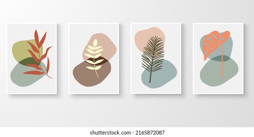 Conjunto de arte mural botánico. Mínimo arte abstracto de plantas orgánicas y composición de forma de olla. Ilustración vectorial.