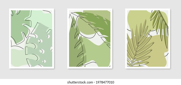 Set of botanical wall art. Modern art posters collection with tropical leaves silhouettes and abstract shapes. Abstract contemporary design for print, wall art, cover, postcard, wallpaper.
