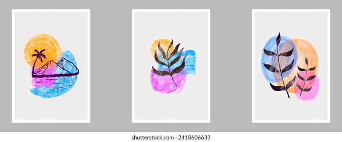 set of botanical wall art. nature drawing art with abstract texture. vector illustration