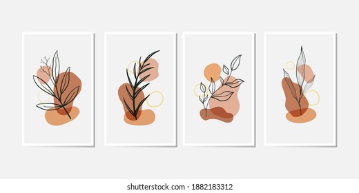 Set of Botanical wall art vector illustration. Abstract shape with Tropical Line art drawing and trendy contemporary composition. Abstract design for poster, cover, print, wallpaper