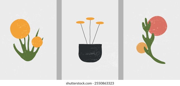 Set of botanical wall art. Vector illustration. Abstract plant and flowers with vase. Design for poster, print, cover. Minimalistic wall art. 