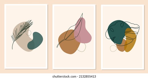 Set of botanical wall art vectors. Line art drawing of leaves with abstract shapes. Abstract Plant Art Designs for wall frame prints as well as displays, canvas prints, posters, home decor, covers