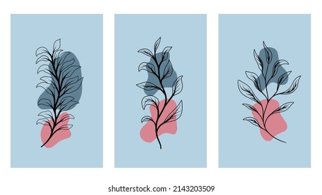 Set of botanical wall art vectors. Artistic image of foliage outline with abstract shapes. Plant art design for printing, cover art, wallpaper, minimalist and natural art