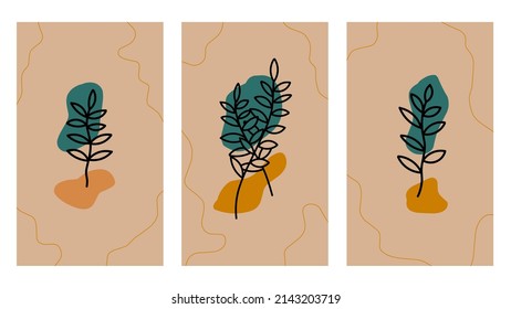Set of botanical wall art vectors. Artistic image of foliage outline with abstract shapes. Plant art design for printing, cover art, wallpaper, minimalist and natural art