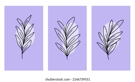 Set of botanical wall art vectors. Artistic image of foliage outline with abstract shapes. Plant art design for printing, cover art, wallpaper, minimalist and natural art