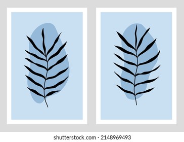 Set of botanical wall art vectors. Artistic image of foliage outline with abstract shapes. Plant art design for printing, cover art, wallpaper, minimalist and natural art