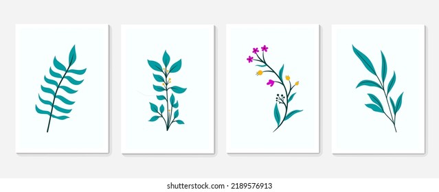 Set of botanical wall art vectors. Set of flower and leaves for wall decoration. Abstract Plant Art Designs for minimal and natural prints, covers, wallpapers, wall art backgrounds.
