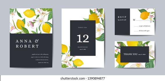 Set von botanischen Hochzeitseinladung Karte, Vintage Speichern Sie das Datum, Vorlage Design der Zitronen Früchte Blumen und Blätter, blühende Illustration. Vektor-trendige Abdeckung, Grafikplakat, Broschüre