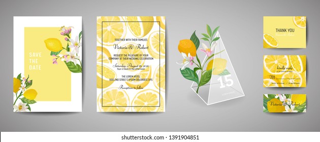 Set Of Botanical Wedding Invitation Card, Vintage Save The Date, Template Design Of Lemons Fruit Flowers And Leaves, Blossom Illustration. Vector Trendy Cover, Graphic Poster, Brochure