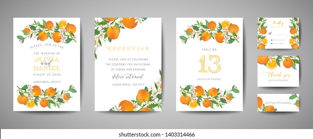 Set Of Botanical Wedding Invitation Card, Vintage Save The Date, Template Design Of Orange, Citrus Fruit, Flowers And Leaves, Blossom Illustration. Vector Trendy Cover, Graphic Poster, Brochure