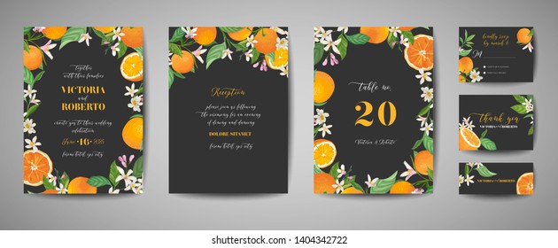 Set of Botanical wedding invitation card, vintage Save the Date, template design of orange, citrus fruit, flowers and leaves, blossom illustration. Vector trendy cover, graphic poster, brochure