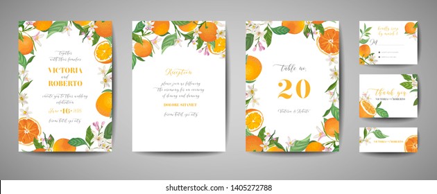 Set Of Botanical Wedding Invitation Card, Vintage Save The Date, Template Design Of Orange, Citrus Fruit, Flowers And Leaves, Blossom Illustration. Vector Trendy Cover, Graphic Poster, Brochure