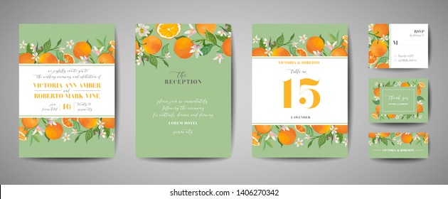 Set Of Botanical Wedding Invitation Card, Vintage Save The Date, Template Design Of Orange, Citrus Fruit, Flowers And Leaves, Blossom Illustration. Vector Trendy Cover, Graphic Poster, Brochure