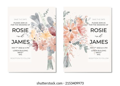 Set of botanical wedding invitation card template design, pink, orange wildflowers and green leaves  bouquet with frame on light beige background, pastel vintage theme