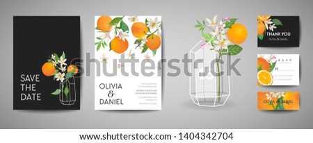 Set of Botanical wedding invitation card, vintage Save the Date, template design of Orange fruit, flowers and leaves, blossom illustration. Vector trendy cover, graphic poster, citrus brochure