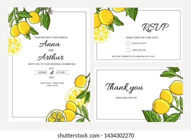 Set of Botanical Wedding lemon tree invitations with lemon and leaves. Thank you and rsvp decorative modern layout. 
