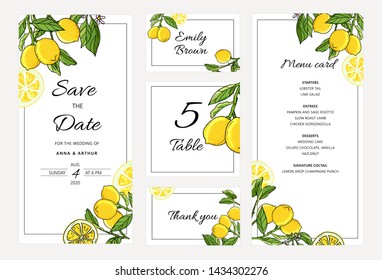 Set of Botanical Wedding lemon tree invitations with lemon and leaves. Thank you, save the date and menu layout.