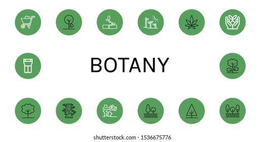 Set of botany icons. Such as Wheelbarrow, Tree, Sprout, Plant tree, Weed, Planter , botany icons