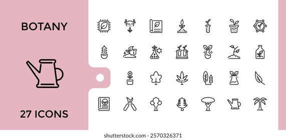 Set of Botany line icons. Related to bio, natural, leaf, eco, environment, plant, Minimalistic icons. Editable stroke.