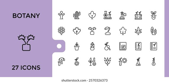 Set of Botany line icons. Related to bio, natural, leaf, eco, environment, plant, Minimalistic icons. Editable stroke.