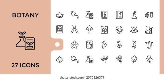 Set of Botany line icons. Related to bio, natural, leaf, eco, environment, plant, Minimalistic icons. Editable stroke.