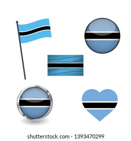 Set of botswana flags, waving, buttons with different shapes. collection of label, stickers, heart, badge, flagpole on design element. isolated on white background.