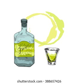 Set of bottle with alcohol drink tequila or vodka and glass on white background with lime and yellow round spots. Cartoon sketch drawn by ink. Hand drawn vector illustration.
