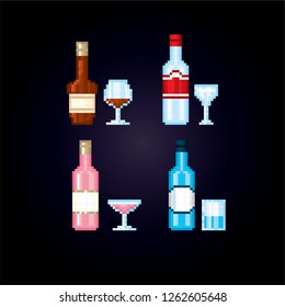 Set bottle with alcohol and a glass. Pixel art. Old school computer graphic. Element design stickers, logo, mobile app, menu. 8 bit video game. Game assets 8-bit sprite. 16-bit.