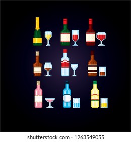 Set bottle with alcohol and a glass. Pixel art. Old school computer graphic. Element design stickers, logo, mobile app, menu. 8 bit video game. Game assets 8-bit sprite. 16-bit.