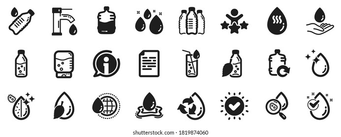 Conjunto de botellas, filtro antibacteriano e íconos de agua Tap. Iconos de caída de agua. Bacteria, Frasco de Barril de Refrigerador y Refill. gota líquida, limpiador antibacteriano y máquina de bebidas, grifo. Vector