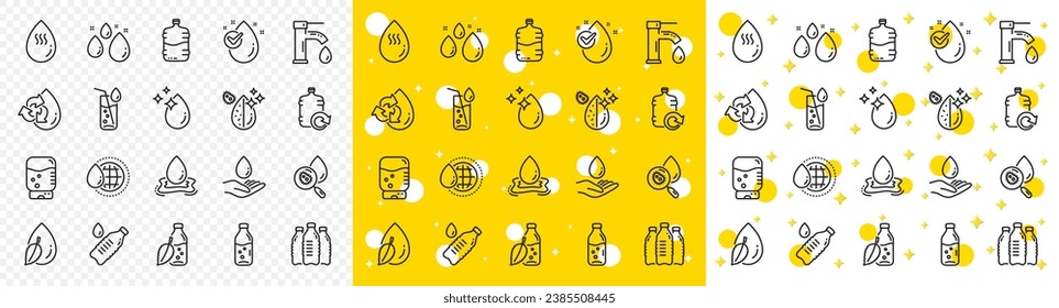 Set aus Flasche, antibakteriellen Filter und Tap Wasser linearen Symbole. Symbole der Wassertropflinie. Bakterien, Kühler und Refill Flasche. Flüssiger Tropfen, antibakterieller Reiniger und Getränk Maschine, Wasserhahn. Vektorgrafik