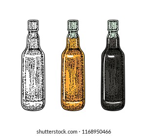 Set bottle beer full or empty, light, stout bottles. Vector engraved, pointilism,dotwork color vintage illustration isolated on white background.