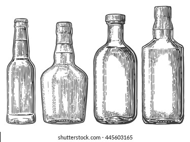 Set bottle for beer, rum, whiskey, tequila. Vector vintage engraved illustration isolated on white background.