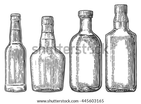 Set bottle for beer, rum, whiskey, tequila. Vector vintage engraved illustration isolated on white background.