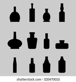 Set of bottle. Beverage champagne wine, whiskey and cabernet, beer and liquor, martini and vodka, vector graphic illustration