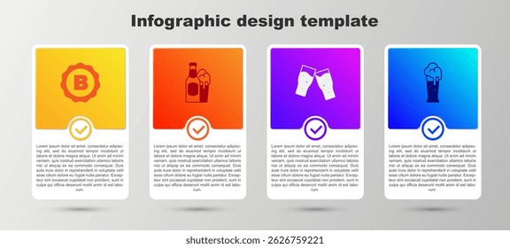 Set Bottle cap with beer, Beer bottle and glass, Glass of and . Business infographic template. Vector