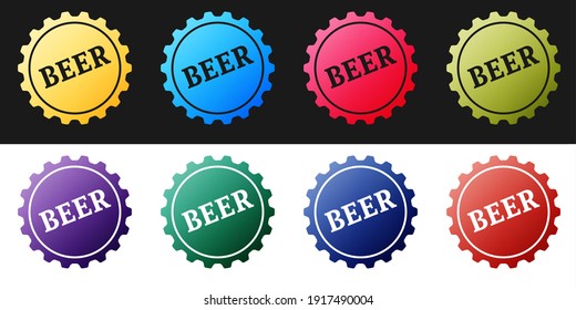 Set Bottle cap with beer word icon isolated on black and white background. Vector.