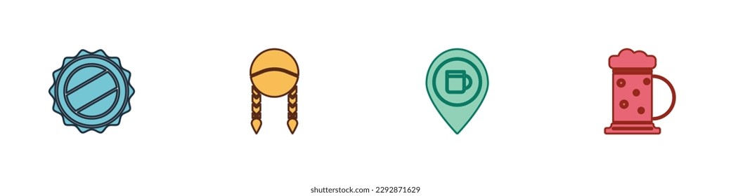 Ajuste el tapón de botella, el trenzado, el lugar de la barra de alcohol o cerveza y el icono de la taza de madera. Vector